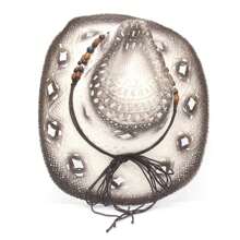 Cowboy Hat Creative Curled Straw Hollow Design  Beads Chain Decoration Shade Straw Hat - White Coffee Color - View 4