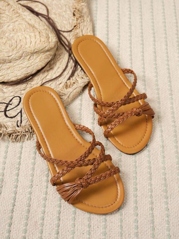 Sandalias planas tejidas de punta redonda para mujeres, cómodas y versátiles, de estilo casual de vacaciones y playa, tipo chanclas de moda