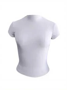 Women Short Sleeve Crop Tops Solid Color Ribbed Mock Neck Knitted Slim Fit T-Shirts Summer Backless Exposed Navel Shirts - 白色 - 查看 1