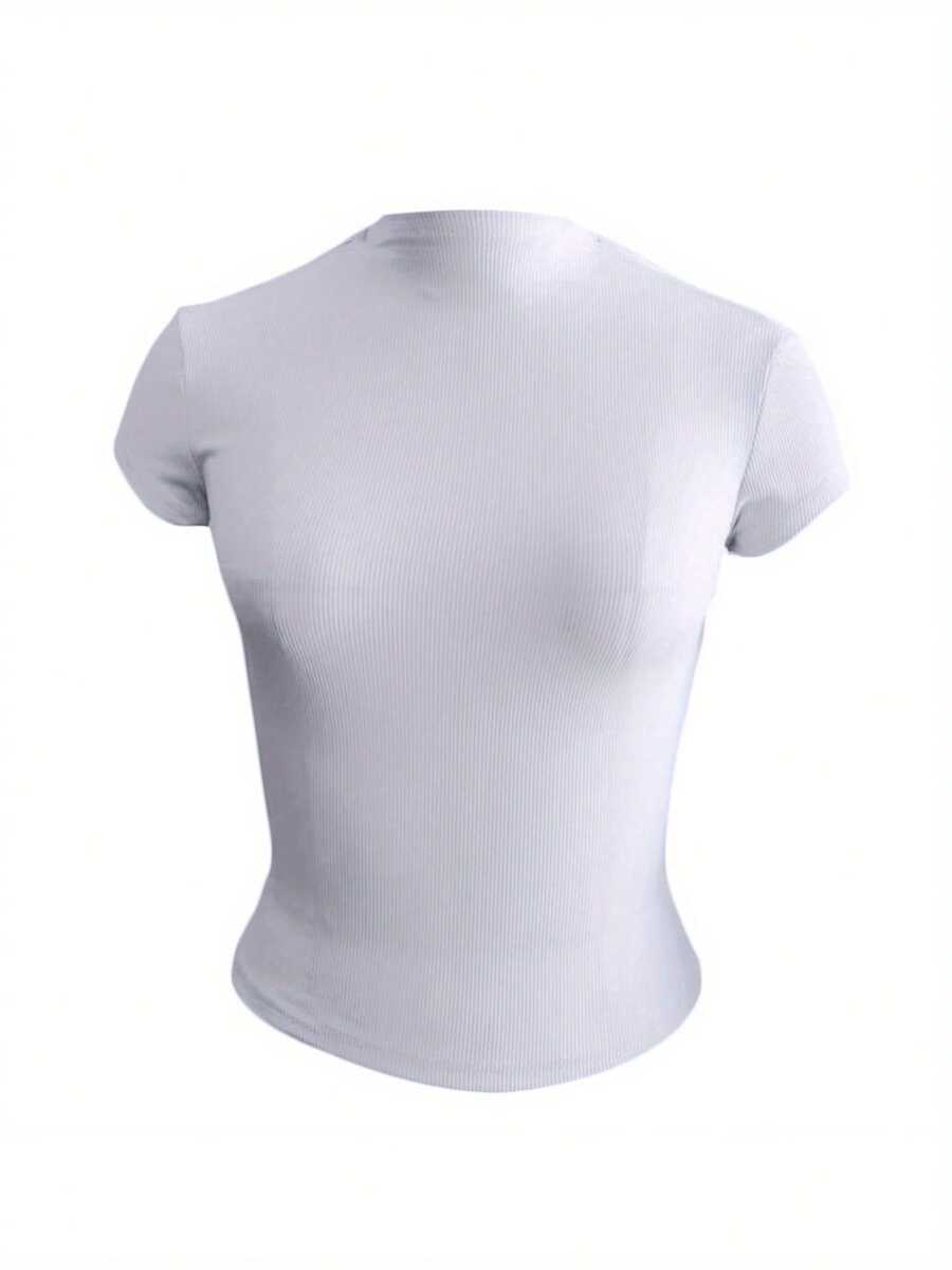 Women Short Sleeve Crop Tops Solid Color Ribbed Mock Neck Knitted Slim Fit T-Shirts Summer Backless Exposed Navel Shirts - 白色 - 查看 1