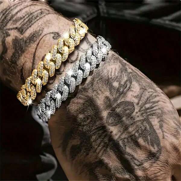 1pc Men's Fashion Cuban Link Chain Bracelet, Studded With Rhinestones, Suitable For Daily Wear And Party Occasions
