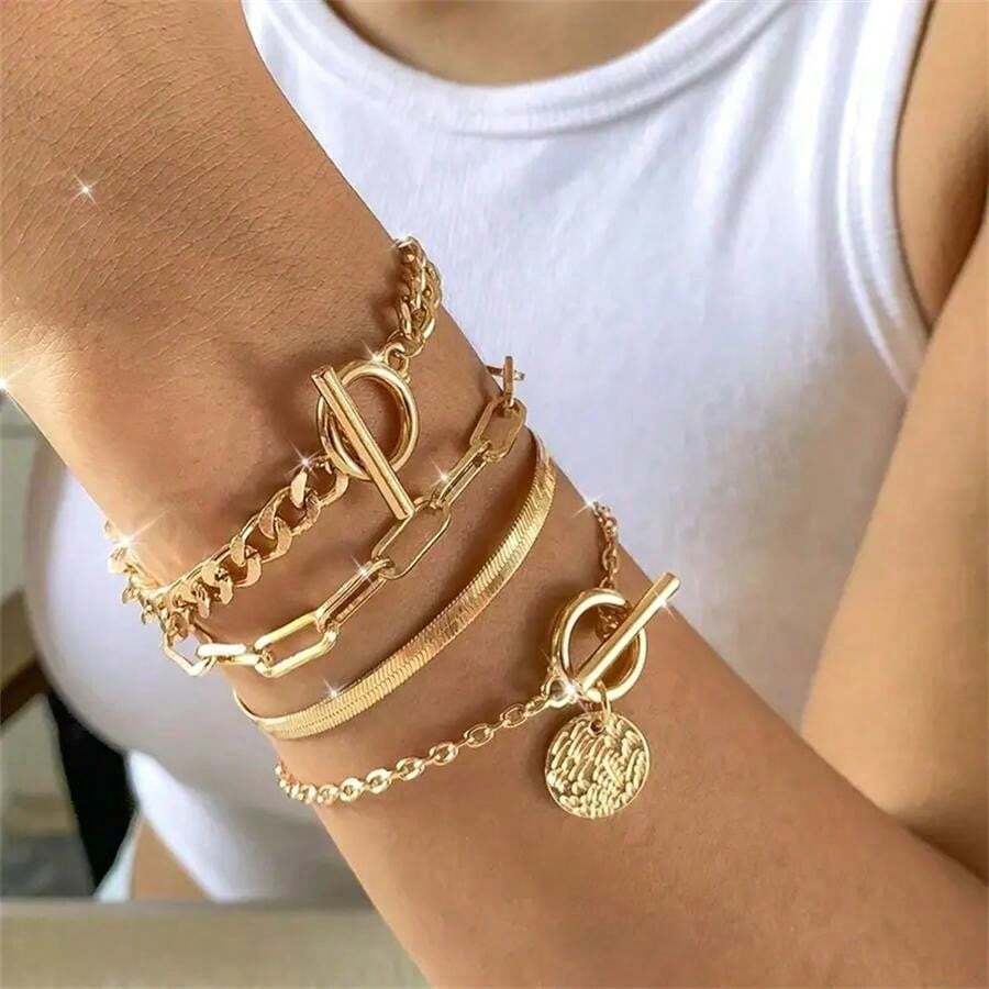 Set de 4 pulseras de estilo bohemio retro, pulseras apiladas de uso diario unisex con colgantes de moneda y cadena de serpiente