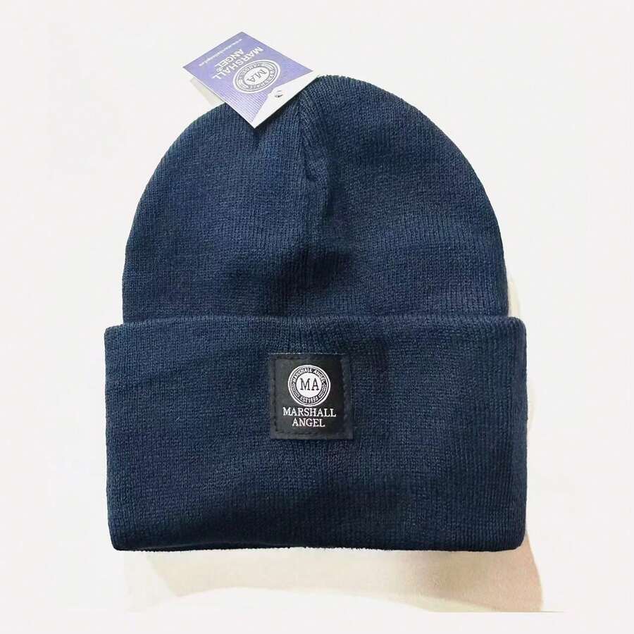 MARSHALL ANGEL 1pc Fashion Letter Logo Pattern Knitted Hat, Versatile & Warm Woolen Beanie Suitable For Men Fall Winter Outdoor Wear, Great Gift For Friends Or Boyfriend,Dad. - 藍色 - 查看 1