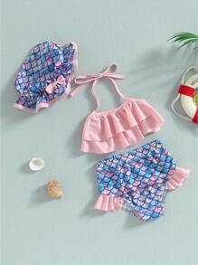 Toddler Baby Girl Swimsuit Two-Piece Bathing Suit Baby Girl Swimsuit Toddler Girls Bathing Suit Bikini Bottoms Two Piece Swimwear Suit With Hat - 粉色 - 查看 2