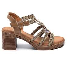 Heeled Sandals With Braided Strap And Beaded Details - Khaki - View 2