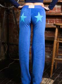 Women Loose Pants Star Patch Drawstring Elastic Waist Trousers Spring Fall Casual Sweatpants Bottoms - 水鴨藍 - 查看 1