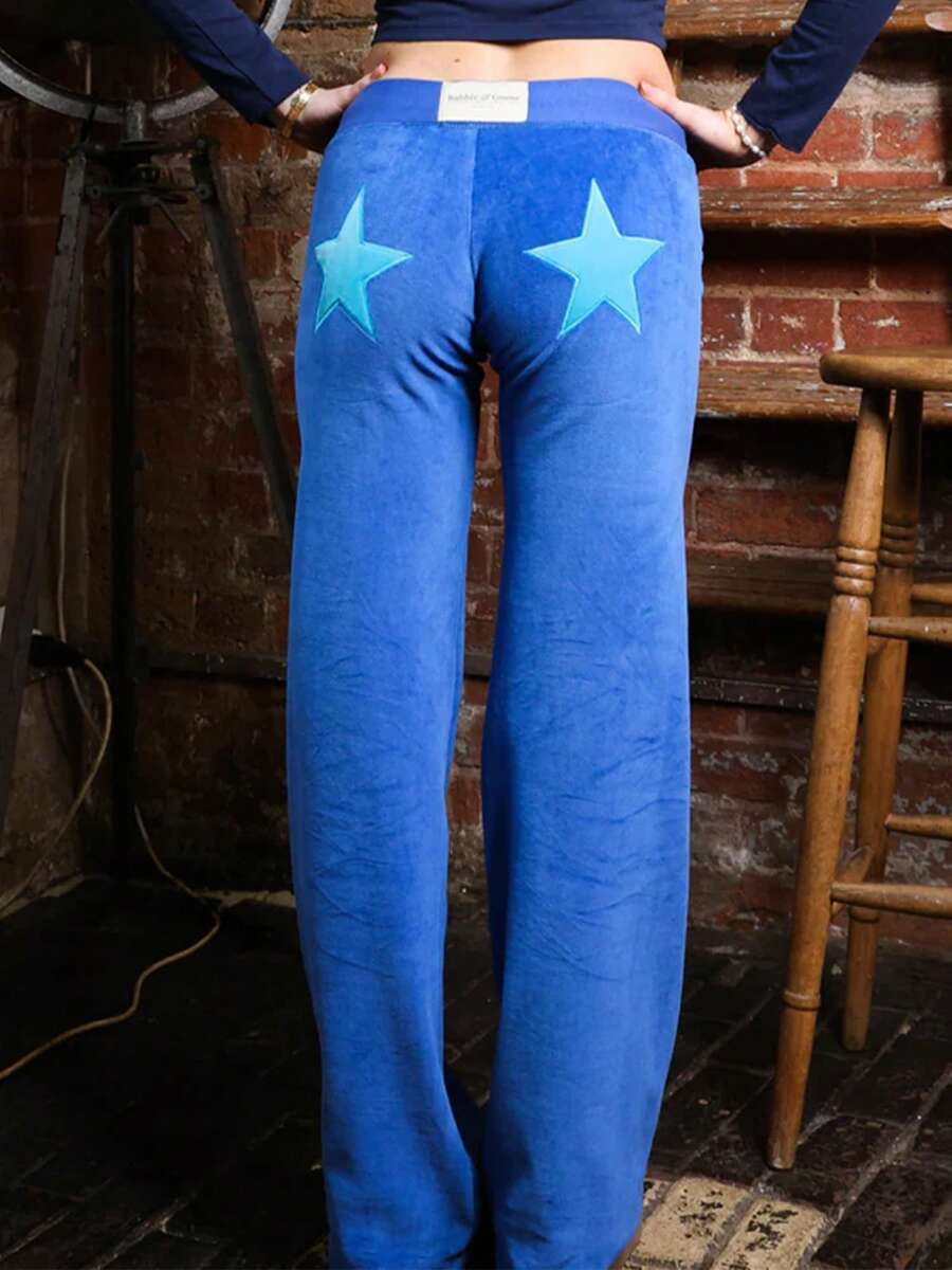 Women Loose Pants Star Patch Drawstring Elastic Waist Trousers Spring Fall Casual Sweatpants Bottoms - 水鴨藍 - 查看 1