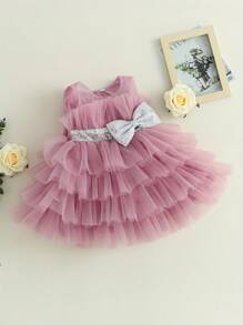 Kids Girls Ball Gown Sleeveless Bow Mesh Tulle Tutu Princess Dresses Formal Party Dress for Birthday Wedding - Rosa - Ver 2