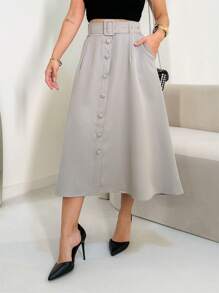 Long Monochromatic Tailored Skirt With Side Pockets And Zipper And Button Details With Belt/DD061 - Màu Xám nhạt - Xem 1