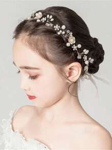 1 pieza Diadema de princesa con flor blanca, diadema de perlas para vestido de pelo de niña y niñas de las flores, linda banda de pelo de novia para boda, accesorios de pelo para niñas - Blanco - Ver 2
