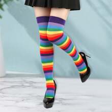 Women Thigh High Socks Rainbow Striped Lolita Kawaii Cosplay Christmas Boot Socks - Màu tím - Xem 2