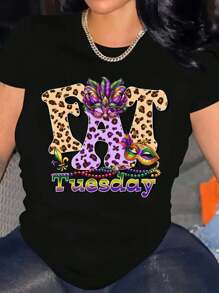 Mardi Gras Tuesday Shirt, Mardi Gras T-Shirt Unisex- Vibrant Feather Mask Design, Women's T-Shirt With Creative Easter Print, Breathable Soft Casual Round Neck Short Sleeves, Mardi Gras Shirt Disco Ball Bow Gift For Mardi Gras Carnival New Orleans Shirt For Fat Tuesday Gift - 黑色 - 查看 1