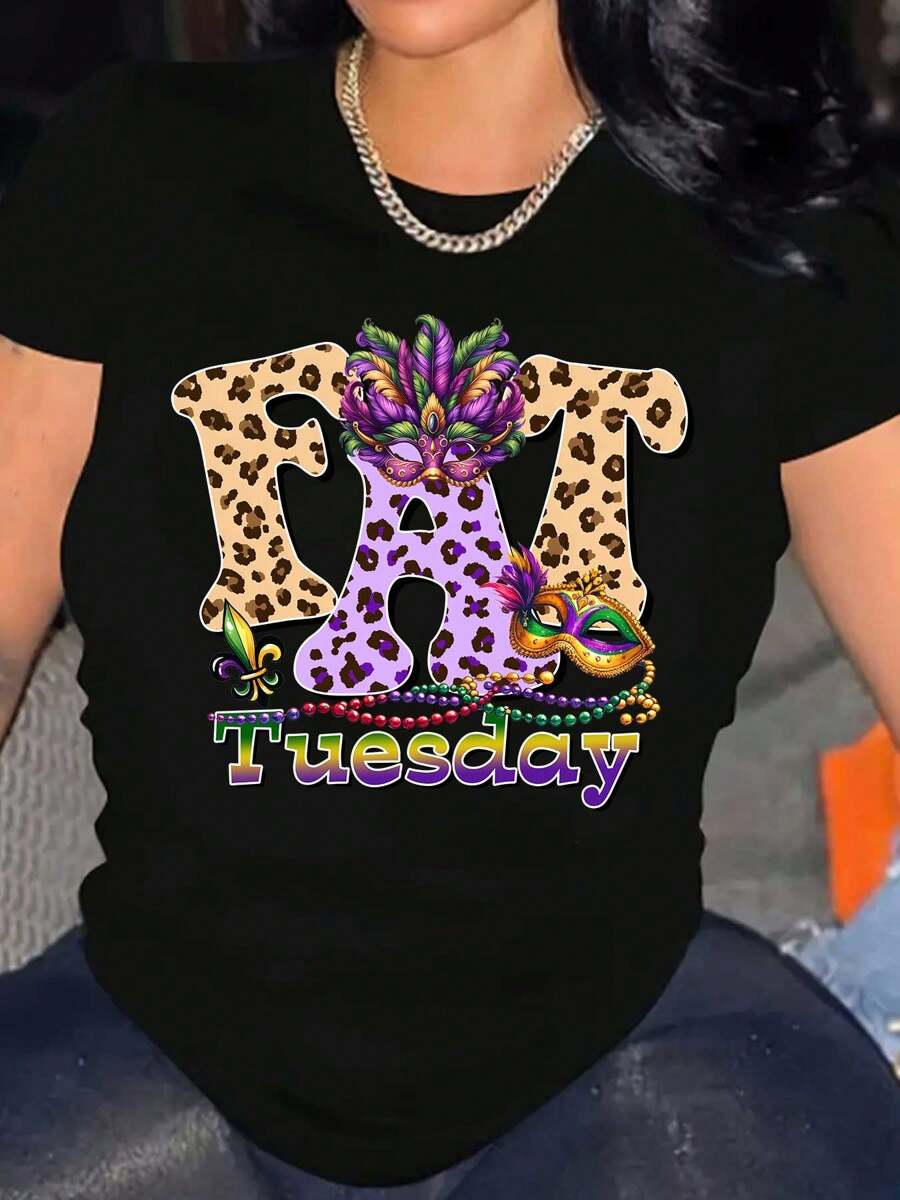 Mardi Gras Tuesday Shirt, Mardi Gras T-Shirt Unisex- Vibrant Feather Mask Design, Women's T-Shirt With Creative Easter Print, Breathable Soft Casual Round Neck Short Sleeves, Mardi Gras Shirt Disco Ball Bow Gift For Mardi Gras Carnival New Orleans Shirt For Fat Tuesday Gift - 黑色 - 查看 1