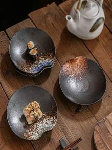 1pc Black Sushi Plate, Ceramic Dish For Seafood Salad, Simple Home Dining - Multicolor - View 9