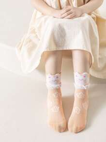 5 Pairs Girls Thin Mesh Socks With Floral Lace Trim, Sweet And Cute, Light Orange Color, Suitable For Back To School Wear - Multicolor - View 3