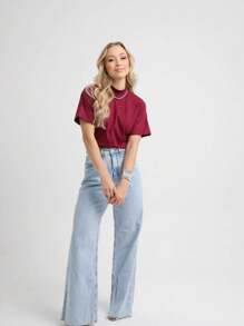 Kit 3 T Shirt High Neck Oversize Sleeve Women's High Neck Blouse Short Sleeve Plain Basic T-Shirt Candy Color - 酒紅色 - 查看 5