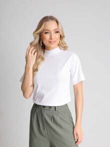 Kit 3 T Shirt High Neck Oversize Sleeve Women's High Neck Blouse Short Sleeve Plain Basic T-Shirt Candy Color - 酒紅色 - 查看 7