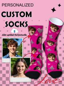 1 双定制中筒袜、定制脸部袜子、定制照片袜子、定制印花袜子、个性化搞笑脸部袜子、定制图片袜子、在袜子上印上任意脸部、周年纪念礼物、情人节礼物、生日礼物、结婚礼物 - 彩色 - 查看 1