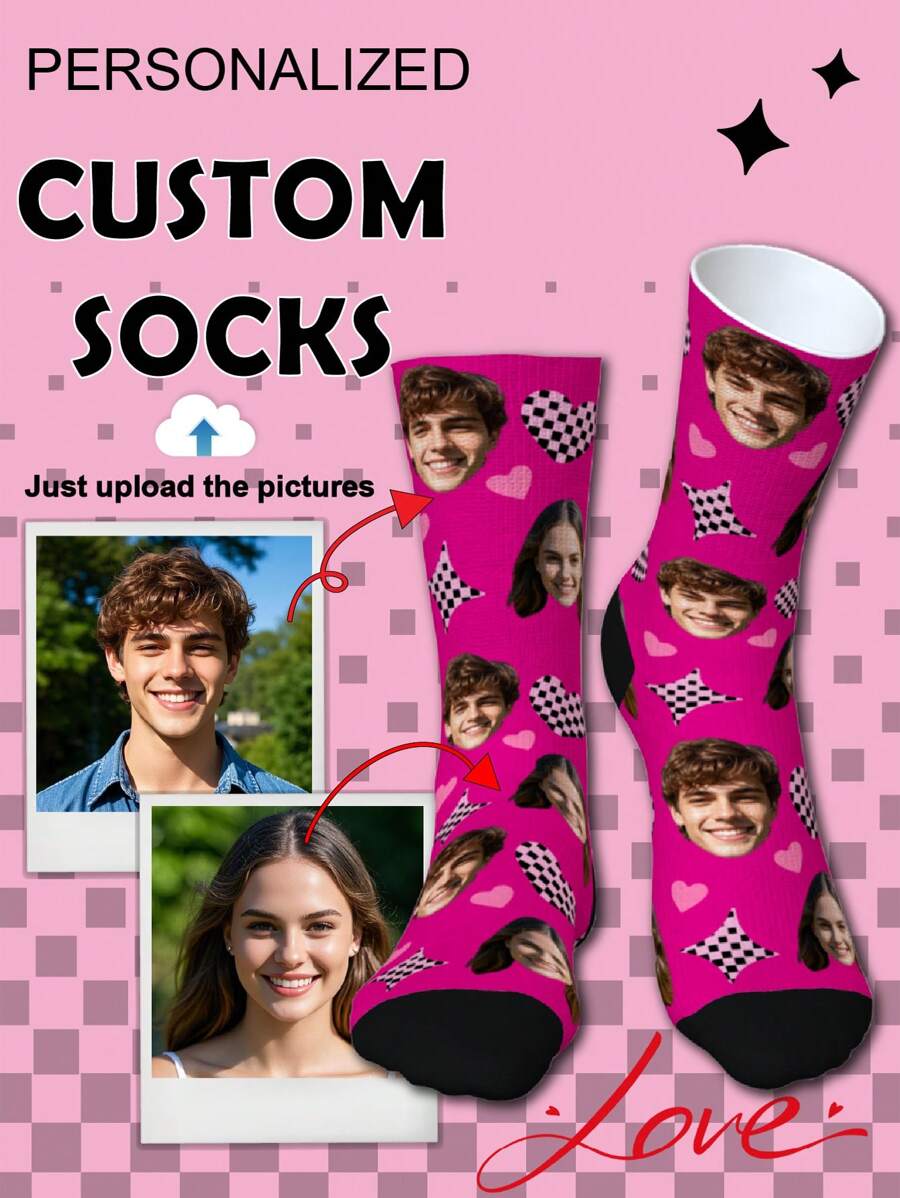 1 双定制中筒袜、定制脸部袜子、定制照片袜子、定制印花袜子、个性化搞笑脸部袜子、定制图片袜子、在袜子上印上任意脸部、周年纪念礼物、情人节礼物、生日礼物、结婚礼物 - 彩色 - 查看 1