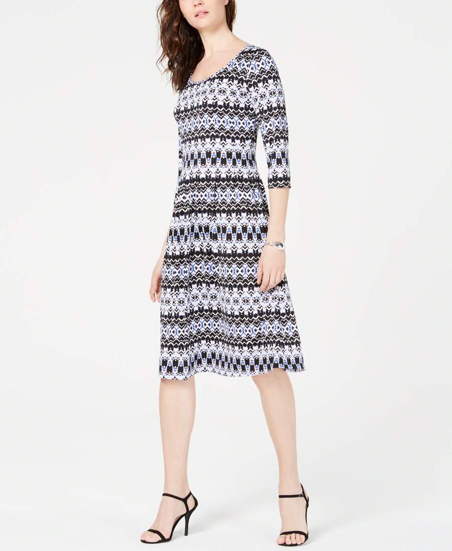 Petite 3/4-Sleeve Printed Dress - Multicolor - View 1