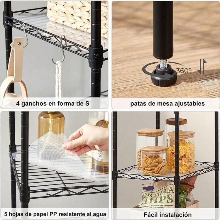 Estante de Almacenamiento de Metal de 5 Niveles(55x30x150CM), Estante Organizador Resistente, Rack Organizador Ajustable, Anaquel, 4 S-Ganchos, 5 Tablero de PP, Cocina, Oficina, Despensa, Microondas - 55 x 30 x 150 - Añade 3