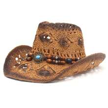 Cowboy Hat Creative Curled Straw Hollow Design  Beads Chain Decoration Shade Straw Hat - Dark Brown - View 2