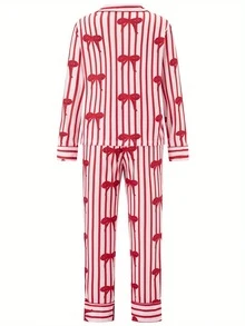 Family Matching Pajama Set Lapel Neck Button-Up Long Sleeve Tops Long Pants 2-Piece Bow/Solid Color Loungewear Outfit - Red - View 5