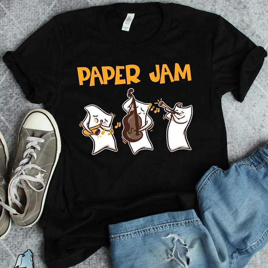 Paper Jam Music Pun Shirt, Musician Shirts, Music Gifts, Coworker Gifts, Music Pun Shirt, Band Shirts, Orchestra Shirts, Office Shirts - Black - View 1