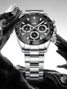 GUANQIN 1 szt. Wodoodporny zegarek ze świecącym chronografem i tarczą kalendarza, odporny na zużycie, pasek ze stali nierdzewnej, modny, biznesowy, luksusowy, wojskowy, klasyczny, swobodny, mechaniczny, męski, automatyczny, kwarcowy, odpowiedni na festiwale, randki, biznes, prezenty