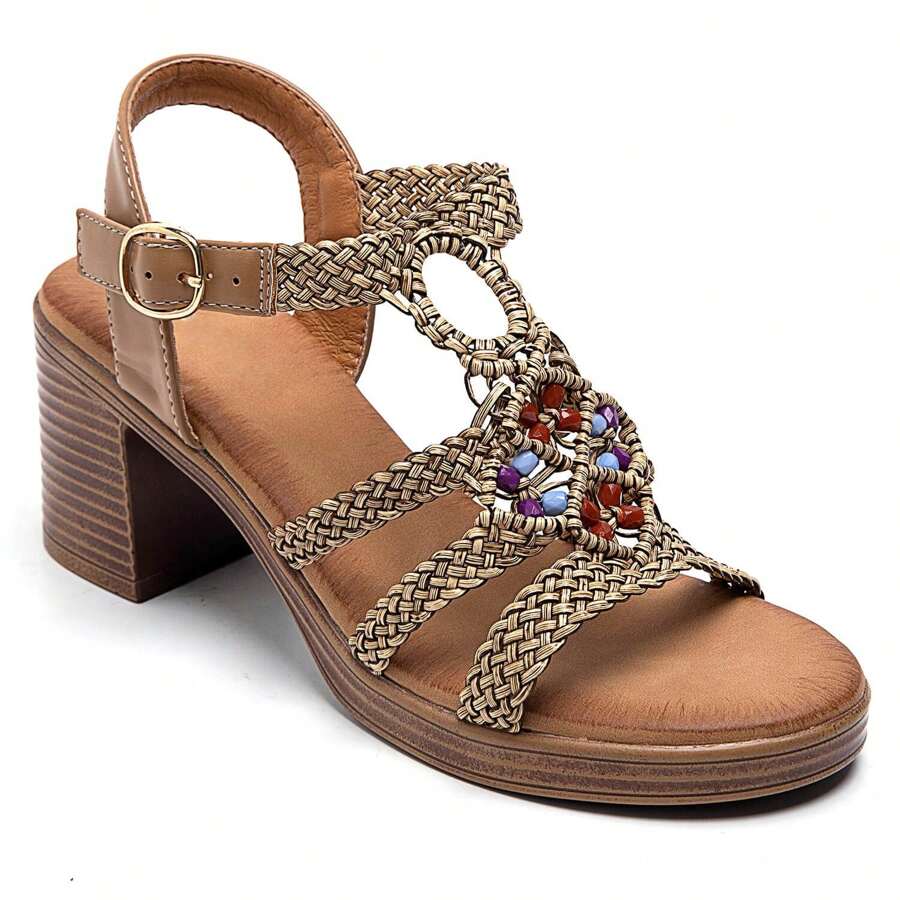 Heeled Sandals With Braided Strap And Beaded Details - Khaki - View 1