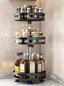 1 pieza Organizador giratorio de 360° para especias, estante de almacenamiento de acero negro para condimentos, aceite y vinagre - Elemento esencial para la organización de la cocina