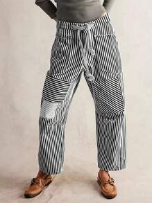 Women's Y2k Striped Long Pants Elastic Waist Drawstring Pants Wide Leg Patchwork Pants Loose Trousers With Pockets - 黑色 - 查看 1