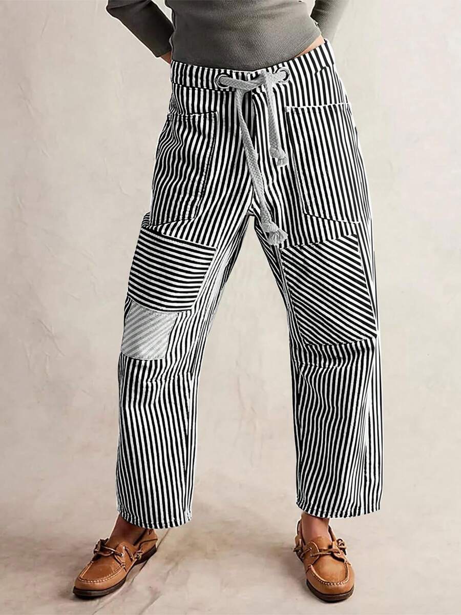 Women's Y2k Striped Long Pants Elastic Waist Drawstring Pants Wide Leg Patchwork Pants Loose Trousers With Pockets - 黑色 - 查看 1