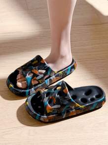Black Graphic Print Slip-On Shower Sandals, Men's Quick-Dry Anti-Slip EVA Comfortable Slippers