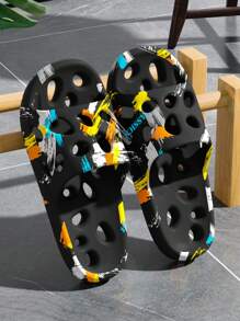 Black Graphic Print Slip-On Shower Sandals, Men's Quick-Dry Anti-Slip EVA Comfortable Slippers