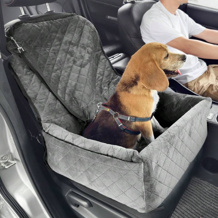 Dog Car Seat, Waterproof Dog Booster Seat For Car With A Storage Pocket, Pet Car Seat With Clip-On Safety Leash, Adjustable Straps, PP Cotton Filling, Dog Car Bed, Center Console Dog Booster Seat For Small & Medium & Large Dog Up To 100 Lbs - 40 lbs, Gray - 查看 1