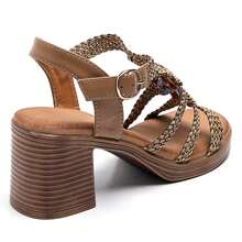 Heeled Sandals With Braided Strap And Beaded Details - Khaki - View 4