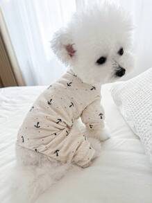 1pc Pet Clothes For Small Dogs & Cats, Cute & Stylish Outfit For Puppy/Kitten, Beige Anchor Pattern, Warm & Comfy Home Wear For Autumn/Winter