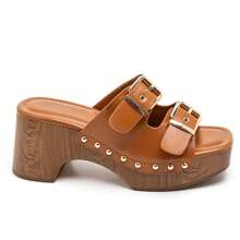 Thick-Soled Mules With Buckle And Rivet Details - Camel - View 2