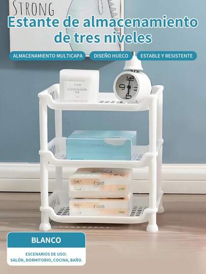 1 Pieza Estante de almacenamiento cuadrado de tamaño mediano, organizador multifuncional de 3 niveles, disponible en colores blanco, rosa y azul, ideal para baño, cocina, oficina y dormitorio, ahorro de espacio, fácil instalación.