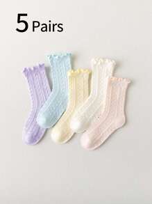 5 Pairs Girls Solid Color Net Lace Trim Mid-Calf Socks, Korean Ins Sweet Fresh Princess Lace Socks For School Students, Toddler-Big Kid