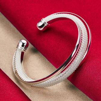 Brazalete de plata de ley 925 con diseño reticulado liso, gran tamaño, para mujer y hombre, joyería para boda y compromiso