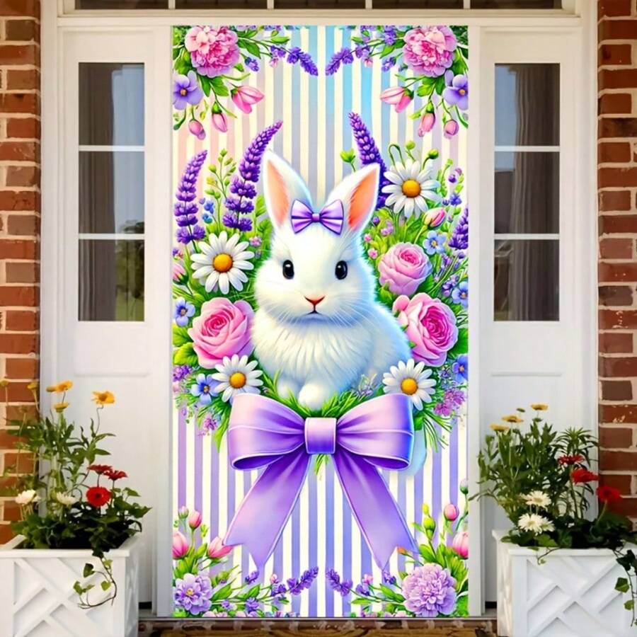 Polyester Easter Bunny & Lavender Floral House Flag - Indoor Outdoor Party Decor, 35.43 X 70.86 Inch, Suitable For Home Entrances, Garden And Yard
