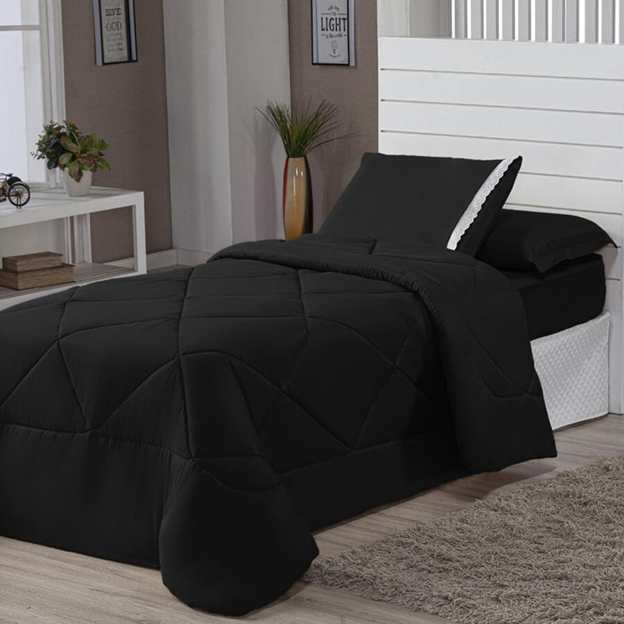 4 Piece Kit Double-Sided Single Duvet + 2 Piece Sheet Set - Black - View 1
