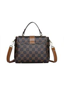 时尚大容量花纹手提包，大容量双层开口包，中年优雅手提包 - 棕色 - 查看 4