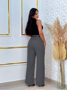 Wide Leg Tailored Dress Pants With Belt - Dark Gray - View 3