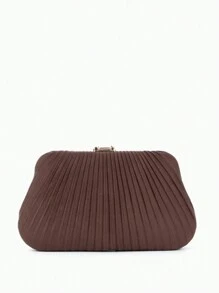 【闪亮晚宴包】女士巧克力棕色麂皮褶皱手拿包，金属叶子扣装饰盒形包，时尚闪亮晚宴单肩/斜挎小方包，适合婚礼、派对、生日、舞会等场合 - 巧克力棕 - 查看 3
