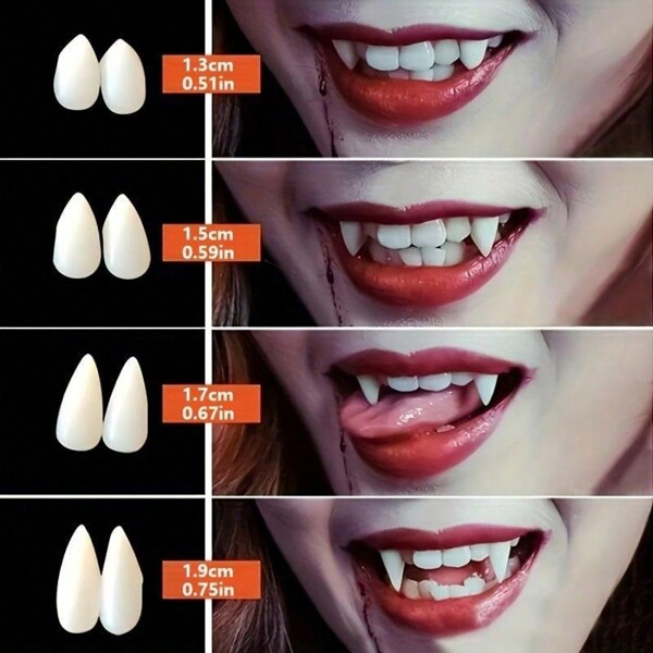Halloween Vampire Teeth Set - Zombie And Tiger Teeth, Suitable For Cosplay, Makeup And Costume Accessories, Size 13mm / 15mm / 17mm / 19mm, All Sizes Come With 1pc Solid Dental Wax
