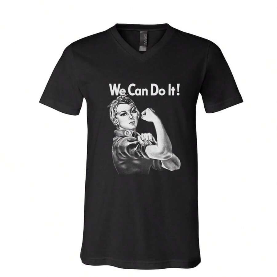 Rosie The Reveter Tshirt, Unisex Tshirt, Womens Shirt, Screen Print Shirt, V-Neck Tshirt, Gift For Mom, We Can Do It Tshirt - Black - View 1