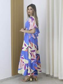 Women's Long Dress With Batwing Sleeves And Printed Padding - Maxma 8428 - Blue - View 3